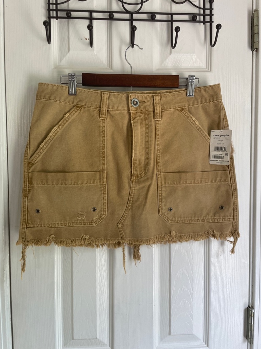 Free People Tan Frayed-Hem Utility  Grunge Streetwear Mini Skirt